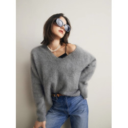 高級感軟糯水貂絨v領毛衣女秋冬加厚慵懶風奶fufu針織衫時尚上衣