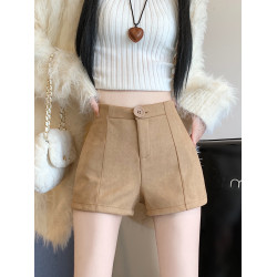 卡其色鹿皮絨短褲女秋冬2025新款外穿小個子高腰a字休閒打底靴褲