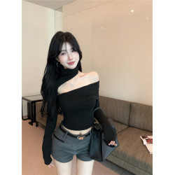 純欲辣妹一字肩抹胸上衣女秋冬掛脖露肩長袖t恤高級感打底衫內搭