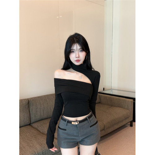 純欲辣妹一字肩抹胸上衣女秋冬掛脖露肩長袖t恤高級感打底衫內搭 純欲辣妹一字肩抹胸上衣女秋冬掛脖露肩長袖t恤高級感打底衫內搭