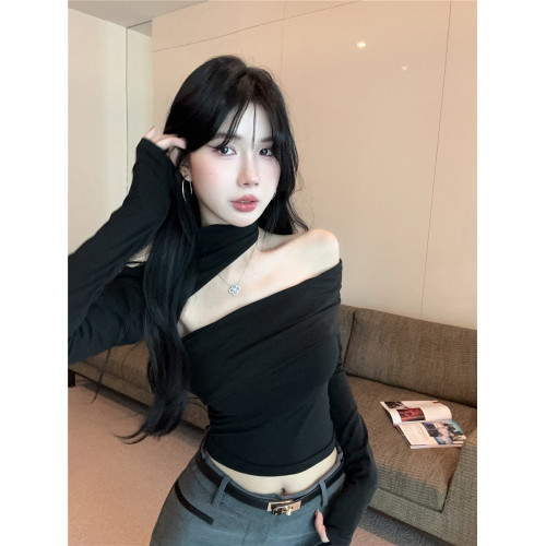 純欲辣妹一字肩抹胸上衣女秋冬掛脖露肩長袖t恤高級感打底衫內搭 純欲辣妹一字肩抹胸上衣女秋冬掛脖露肩長袖t恤高級感打底衫內搭