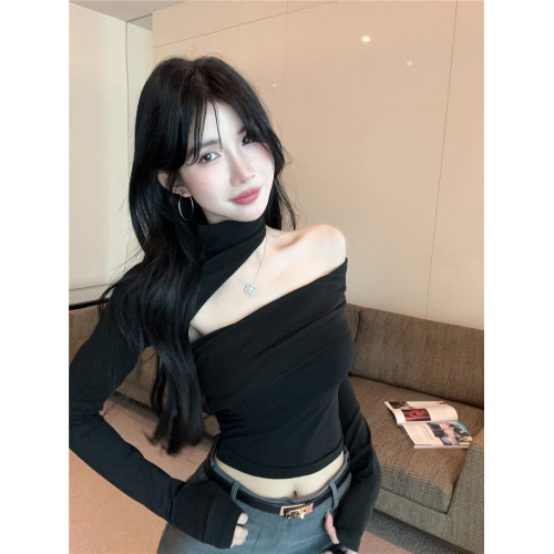 純欲辣妹一字肩抹胸上衣女秋冬掛脖露肩長袖t恤高級感打底衫內搭 純欲辣妹一字肩抹胸上衣女秋冬掛脖露肩長袖t恤高級感打底衫內搭