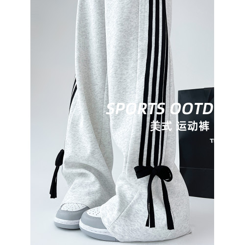 灰色運動褲女直筒秋季2025年新款休閒蝴蝶結條紋濶腿褲小個子衛褲