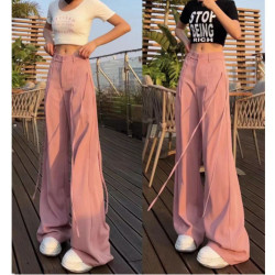 歐貨設計感小衆抽繩垂感濶腿褲女2025春季高腰顯瘦直筒休閒西裝褲