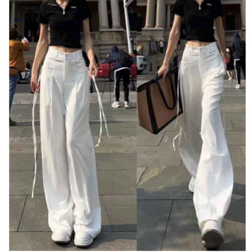歐貨設計感小衆抽繩垂感濶腿褲女2025春季高腰顯瘦直筒休閒西裝褲 歐貨設計感小衆抽繩垂感濶腿褲女2025春季高腰顯瘦直筒休閒西裝褲