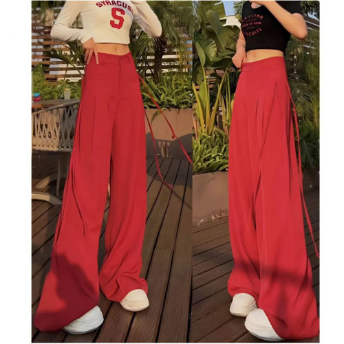 歐貨設計感小衆抽繩垂感濶腿褲女2025春季高腰顯瘦直筒休閒西裝褲 歐貨設計感小衆抽繩垂感濶腿褲女2025春季高腰顯瘦直筒休閒西裝褲