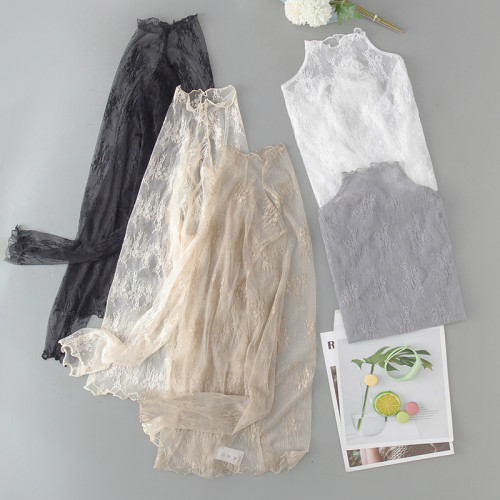 2025秋季新款蕾絲打底衫女薄款高領內搭網紅小衫女透明網紗上衣仙