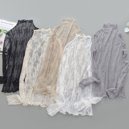 2025秋季新款蕾絲打底衫女薄款高領內搭網紅小衫女透明網紗上衣仙