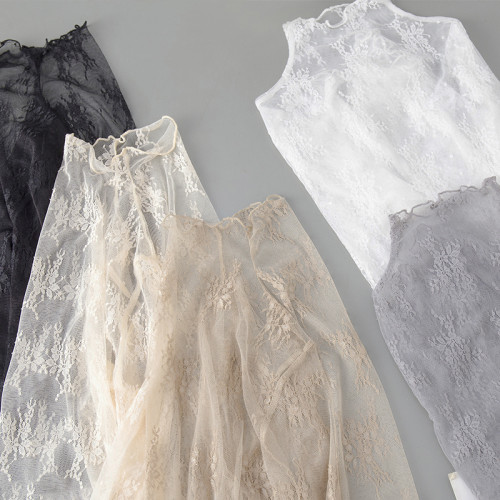 2025秋季新款蕾絲打底衫女薄款高領內搭網紅小衫女透明網紗上衣仙