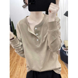今年流行的歐貨純棉大碼寬松紐釦長袖T恤女復古基礎款打底衫體恤