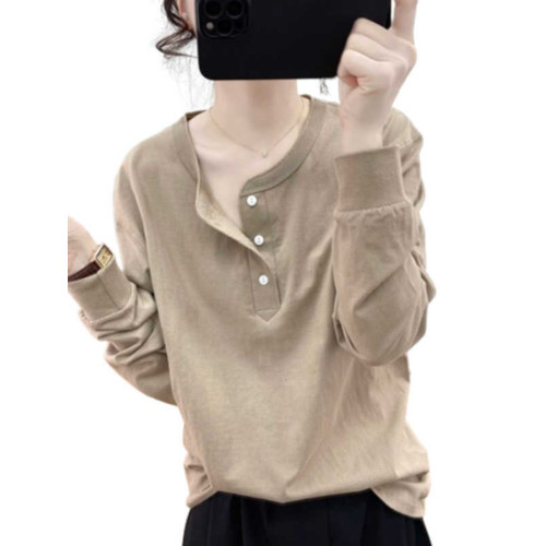 今年流行的歐貨純棉大碼寬松紐釦長袖T恤女復古基礎款打底衫體恤