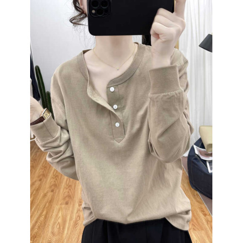 今年流行的歐貨純棉大碼寬松紐釦長袖T恤女復古基礎款打底衫體恤