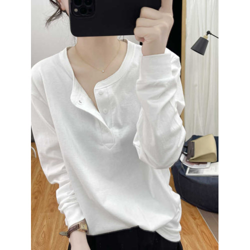 今年流行的歐貨純棉大碼寬松紐釦長袖T恤女復古基礎款打底衫體恤