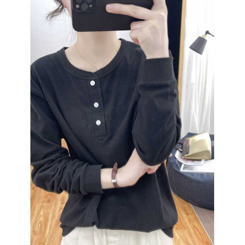 今年流行的歐貨純棉大碼寬松紐釦長袖T恤女復古基礎款打底衫體恤