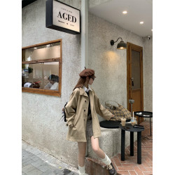 PPHOME卡其色休閒中長款風衣外套女秋季復古英倫風小個子氣質大衣