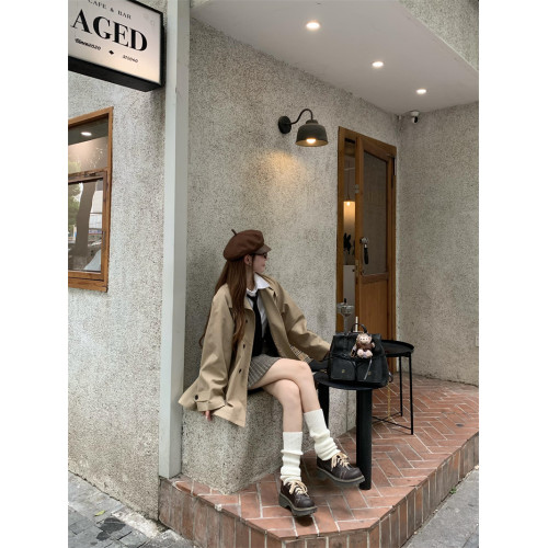 PPHOME卡其色休閒中長款風衣外套女秋季復古英倫風小個子氣質大衣