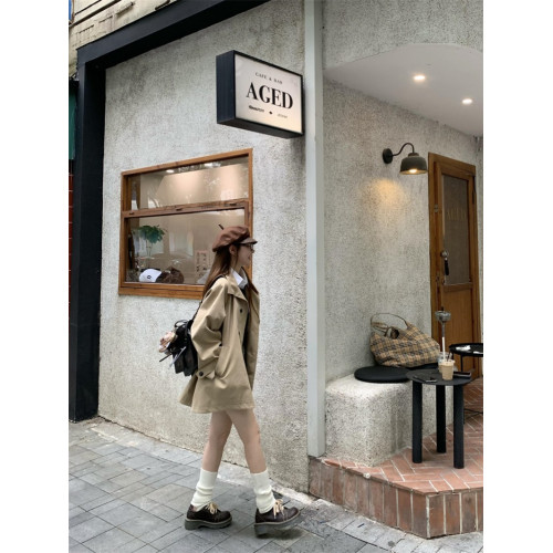 PPHOME卡其色休閒中長款風衣外套女秋季復古英倫風小個子氣質大衣