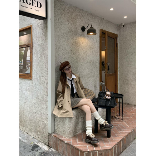 PPHOME卡其色休閒中長款風衣外套女秋季復古英倫風小個子氣質大衣