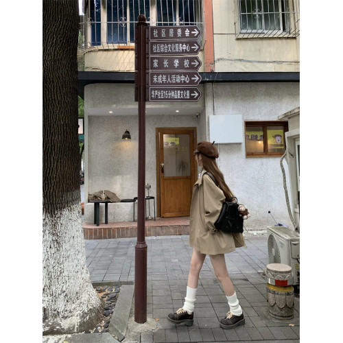 PPHOME卡其色休閒中長款風衣外套女秋季復古英倫風小個子氣質大衣