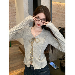 甜辣修身長袖針織開衫女早秋新款綁帶設計感顯瘦短款V領長袖上衣