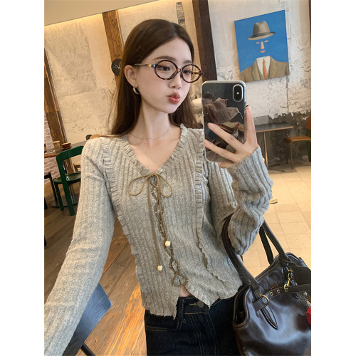 甜辣修身長袖針織開衫女早秋新款綁帶設計感顯瘦短款V領長袖上衣