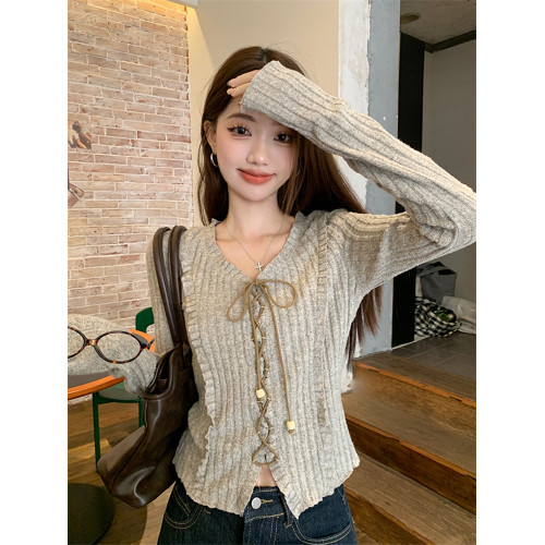 甜辣修身長袖針織開衫女早秋新款綁帶設計感顯瘦短款V領長袖上衣