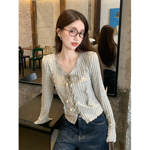 甜辣修身長袖針織開衫女早秋新款綁帶設計感顯瘦短款V領長袖上衣