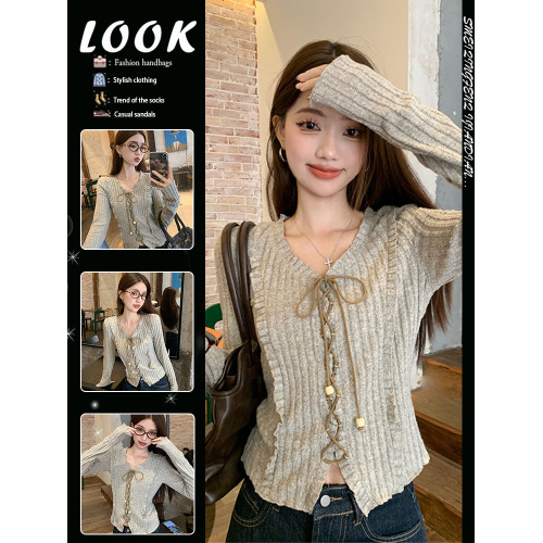 甜辣修身長袖針織開衫女早秋新款綁帶設計感顯瘦短款V領長袖上衣