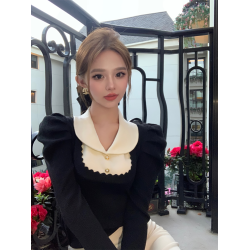小香風泡泡袖針織衫女秋冬純欲法式娃娃領上衣打底衫內搭甜美毛衣