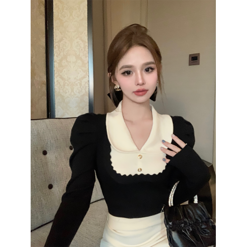 小香風泡泡袖針織衫女秋冬純欲法式娃娃領上衣打底衫內搭甜美毛衣