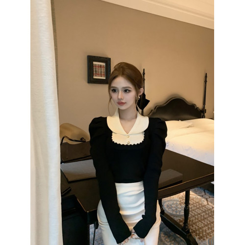 小香風泡泡袖針織衫女秋冬純欲法式娃娃領上衣打底衫內搭甜美毛衣