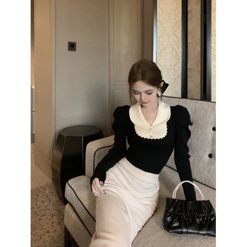 小香風泡泡袖針織衫女秋冬純欲法式娃娃領上衣打底衫內搭甜美毛衣