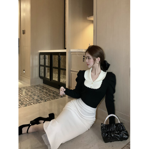 小香風泡泡袖針織衫女秋冬純欲法式娃娃領上衣打底衫內搭甜美毛衣