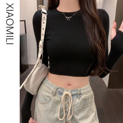 性感辣妹圓領針織衫女秋季韓版修身顯瘦短款T恤純欲洋氣打底上衣