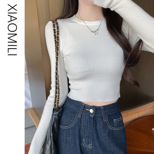 性感辣妹圓領針織衫女秋季韓版修身顯瘦短款T恤純欲洋氣打底上衣