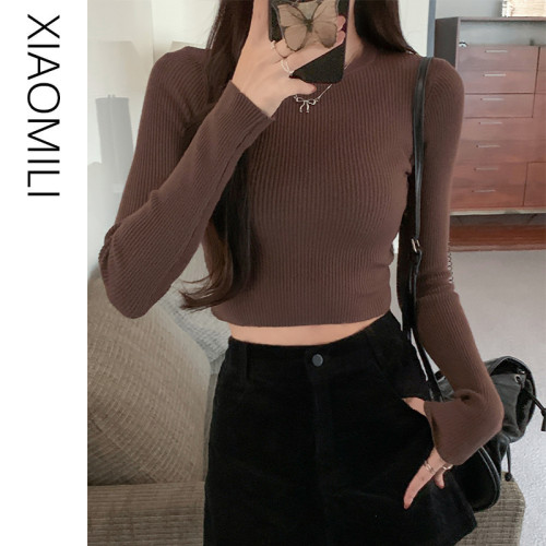 性感辣妹圓領針織衫女秋季韓版修身顯瘦短款T恤純欲洋氣打底上衣