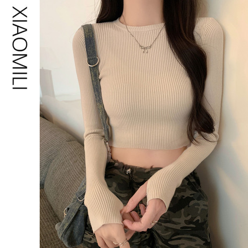 性感辣妹圓領針織衫女秋季韓版修身顯瘦短款T恤純欲洋氣打底上衣