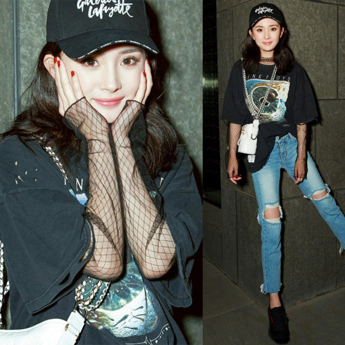 楊冪同款網紗打底衫女長袖鏤空透視漁網內搭黑色蕾絲透明上衣大碼