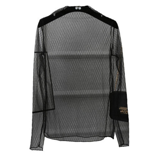 楊冪同款網紗打底衫女長袖鏤空透視漁網內搭黑色蕾絲透明上衣大碼