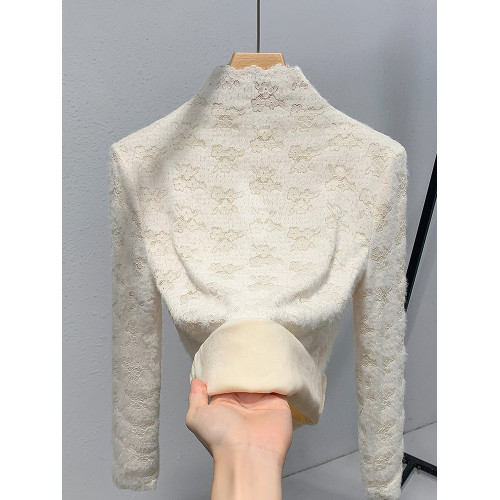 蕾絲加絨打底衫女內搭2025秋冬新款時尚洋氣加厚保暖半高領上衣女