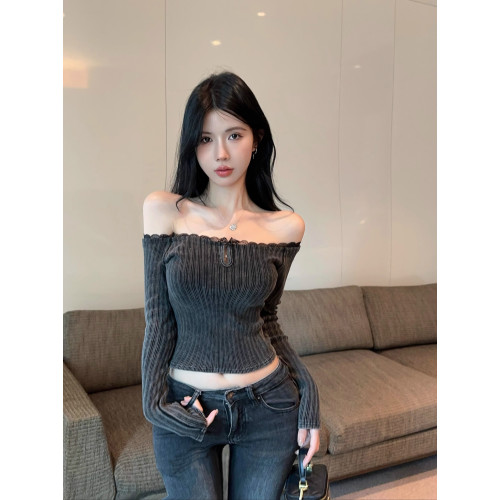 美式y2k辣妹一字肩短款上衣女秋冬v領條紋針織打底衫內搭露肩毛衣 美式y2k辣妹一字肩短款上衣女秋冬v領條紋針織打底衫內搭露肩毛衣