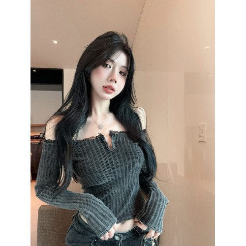 美式y2k辣妹一字肩短款上衣女秋冬v領條紋針織打底衫內搭露肩毛衣 美式y2k辣妹一字肩短款上衣女秋冬v領條紋針織打底衫內搭露肩毛衣