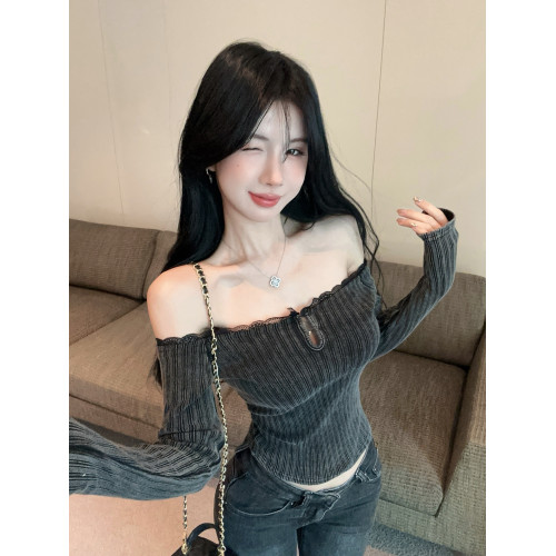 美式y2k辣妹一字肩短款上衣女秋冬v領條紋針織打底衫內搭露肩毛衣 美式y2k辣妹一字肩短款上衣女秋冬v領條紋針織打底衫內搭露肩毛衣