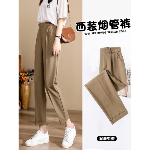 九分西裝褲女夏季薄款2025冰絲菸管褲小個子咖色小腳褲卡其色西褲