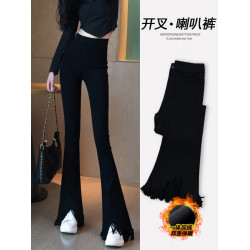 開叉黑色微喇褲女秋冬季加絨高腰顯瘦2025新爆款小個子垂感喇叭褲