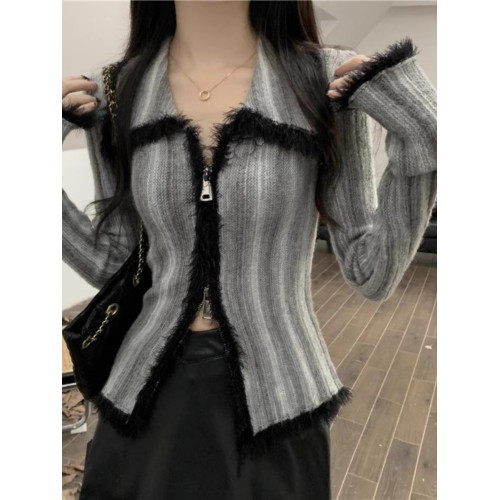 漸變復古軟糯開衫毛衣外套女秋冬修身顯瘦內搭雙拉鍊繙領針織上衣