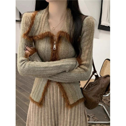 漸變復古軟糯開衫毛衣外套女秋冬修身顯瘦內搭雙拉鍊繙領針織上衣