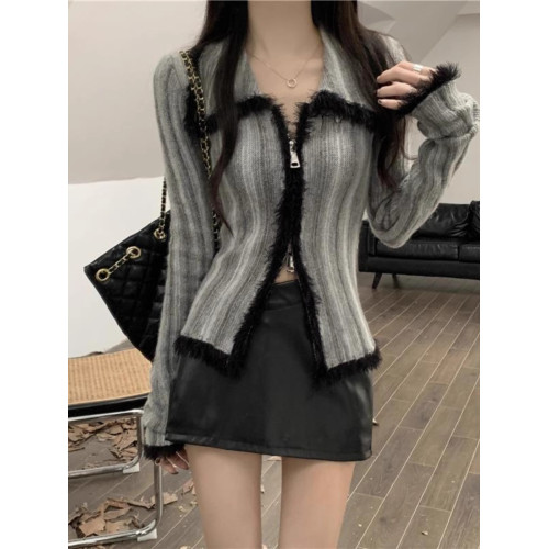 漸變復古軟糯開衫毛衣外套女秋冬修身顯瘦內搭雙拉鍊繙領針織上衣