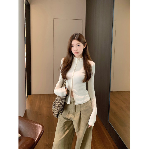 MosesQueen魔西女王純色簡約雙拉鍊立領針織開衫女修身外穿上衣春