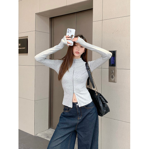 MosesQueen魔西女王純色簡約雙拉鍊立領針織開衫女修身外穿上衣春